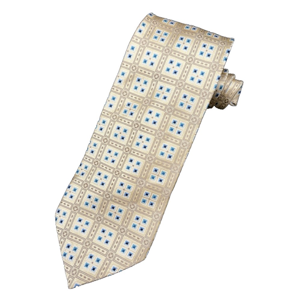 ERMENEGILDO ZEGNA Men's Tie 100% Silk 65" ITALY Luxury Geometric Yellow Blue